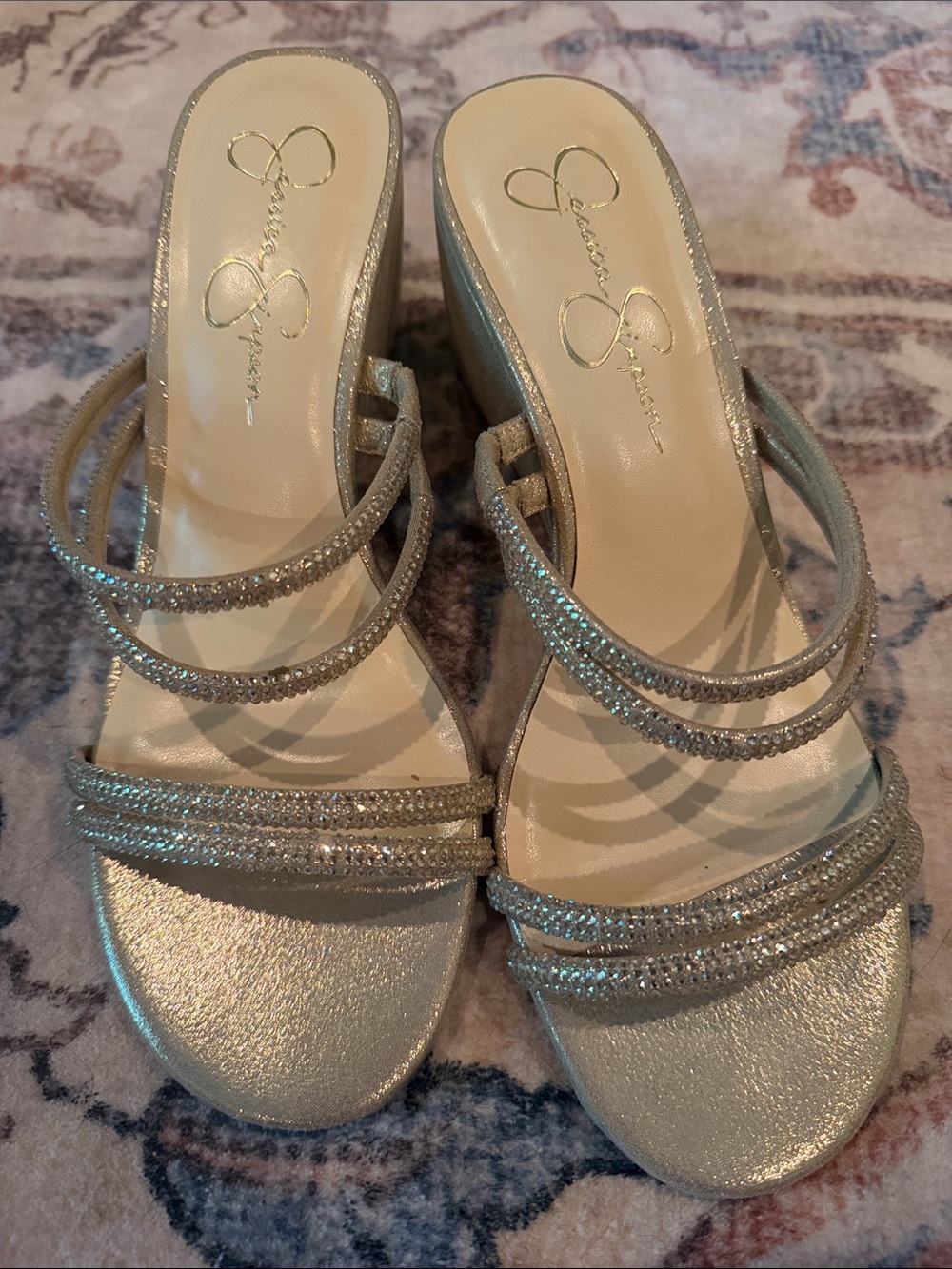 Jessica Simpson Metallic Gold Rhinestone Strappy Wedges size 9